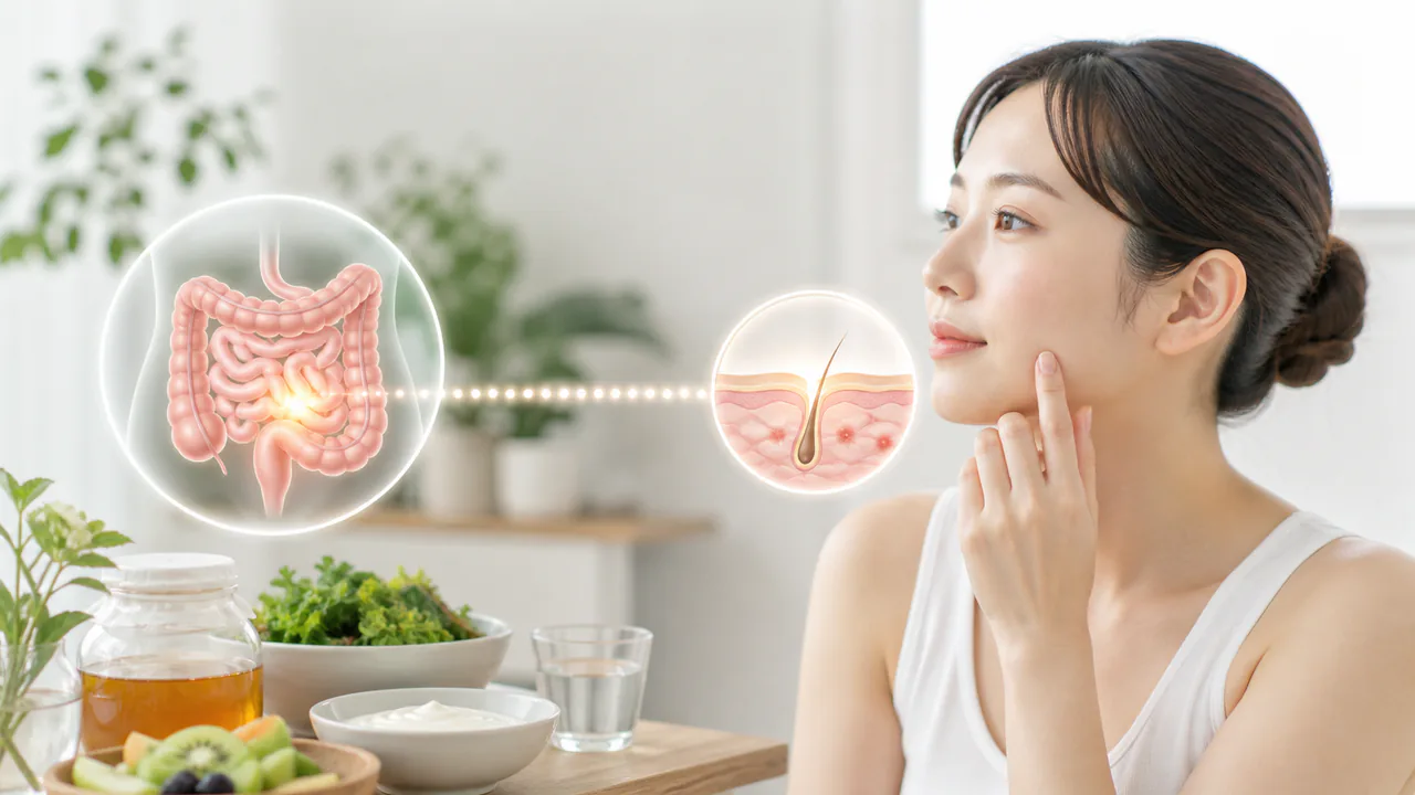 ニキビと腸内環境の密接な関連性を示す、肌と腸の健康バランス概念図