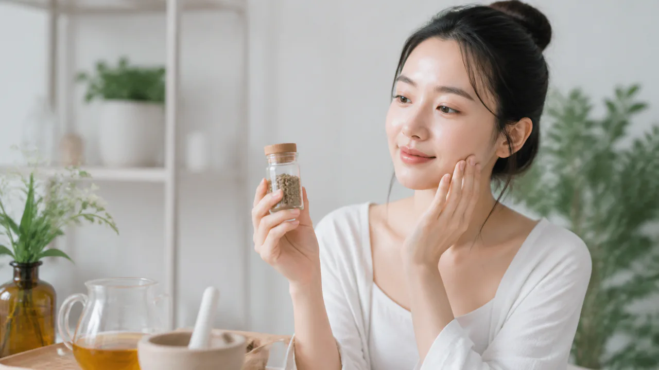 ニキビや肌荒れに悩む女性が漢方薬を手に取り、肌の調子が改善される様子