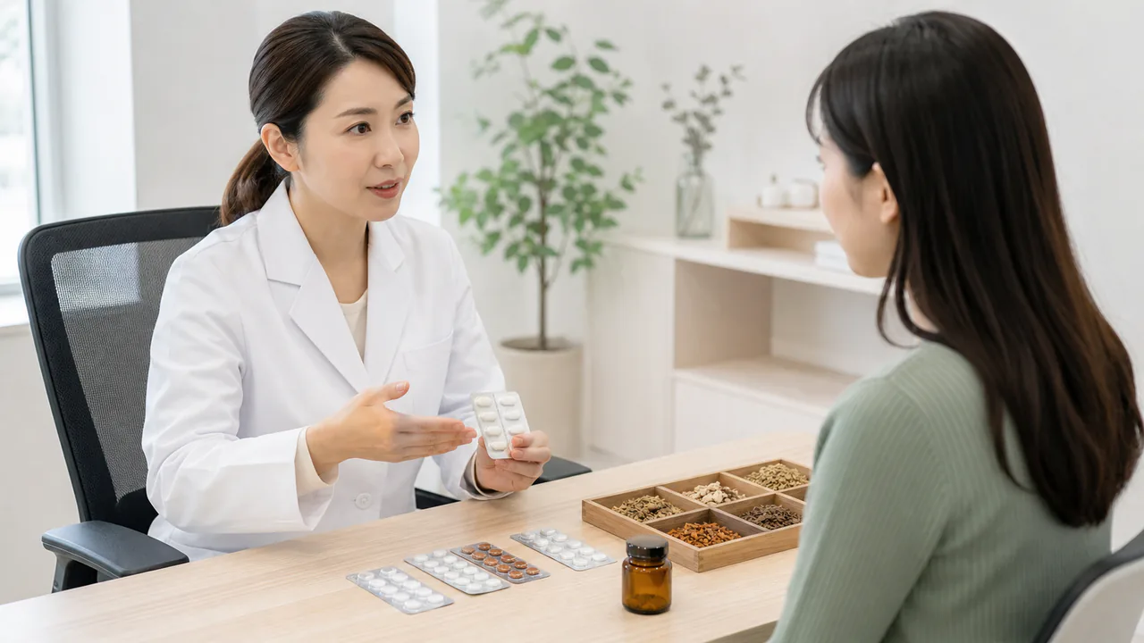 漢方薬と西洋薬が並べられ、医師が患者に併用について説明する診察室の風景