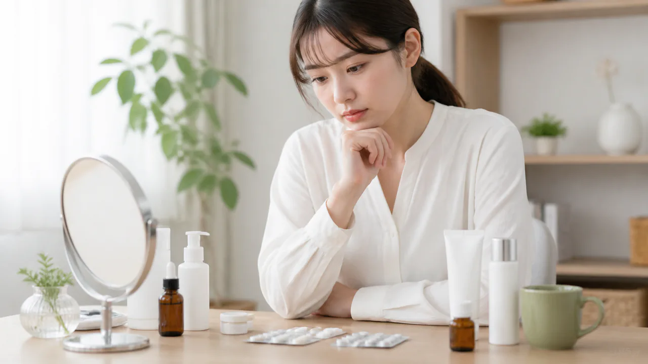 生理前ニキビの保険適用治療と自費診療の選択肢を比較検討する女性の様子