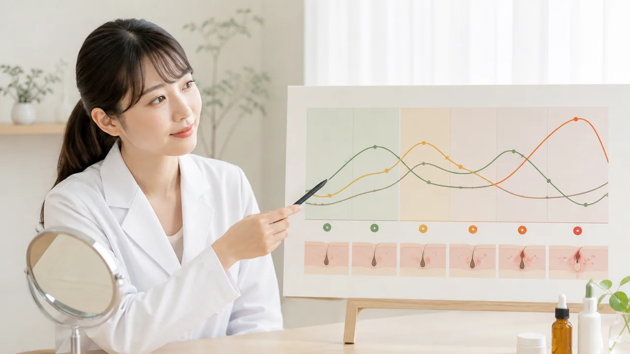 生理周期とホルモンバランスの変動がニキビ発生に与える影響を解説するグラフ