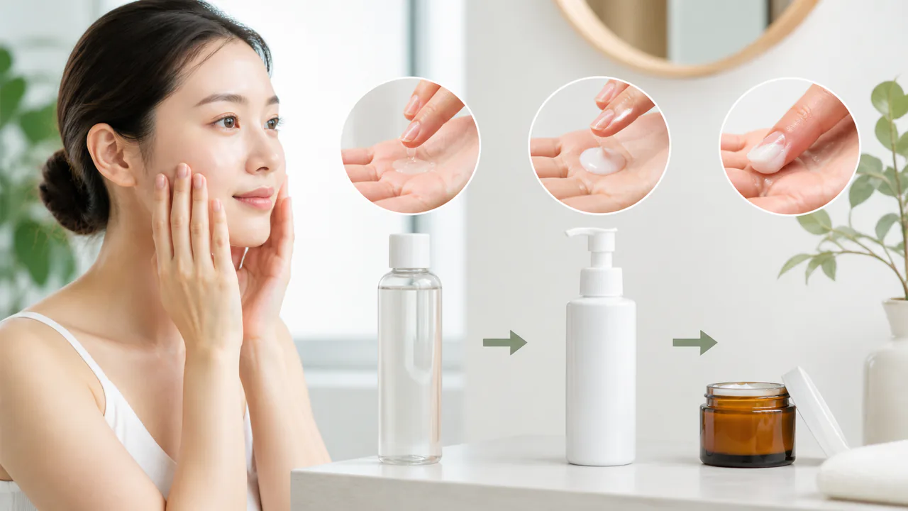 化粧水、乳液、クリームが並べられ、それぞれの役割と正しい使用順序を示す