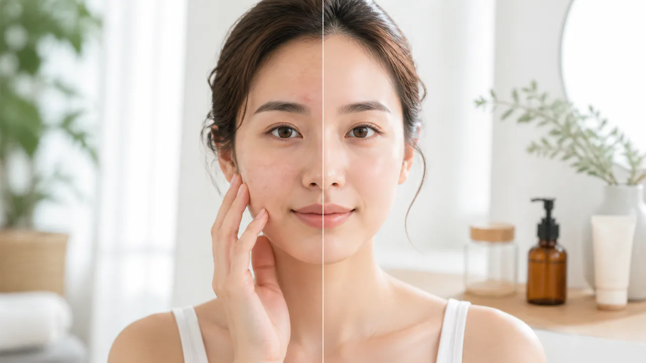 乾燥した肌と潤った肌の比較でニキビ予防における保湿の重要性を示す