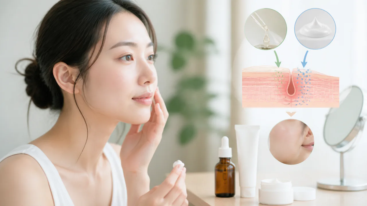 ニキビ治療薬と保湿クリームが肌に作用し、相乗効果でニキビ改善を促す様子