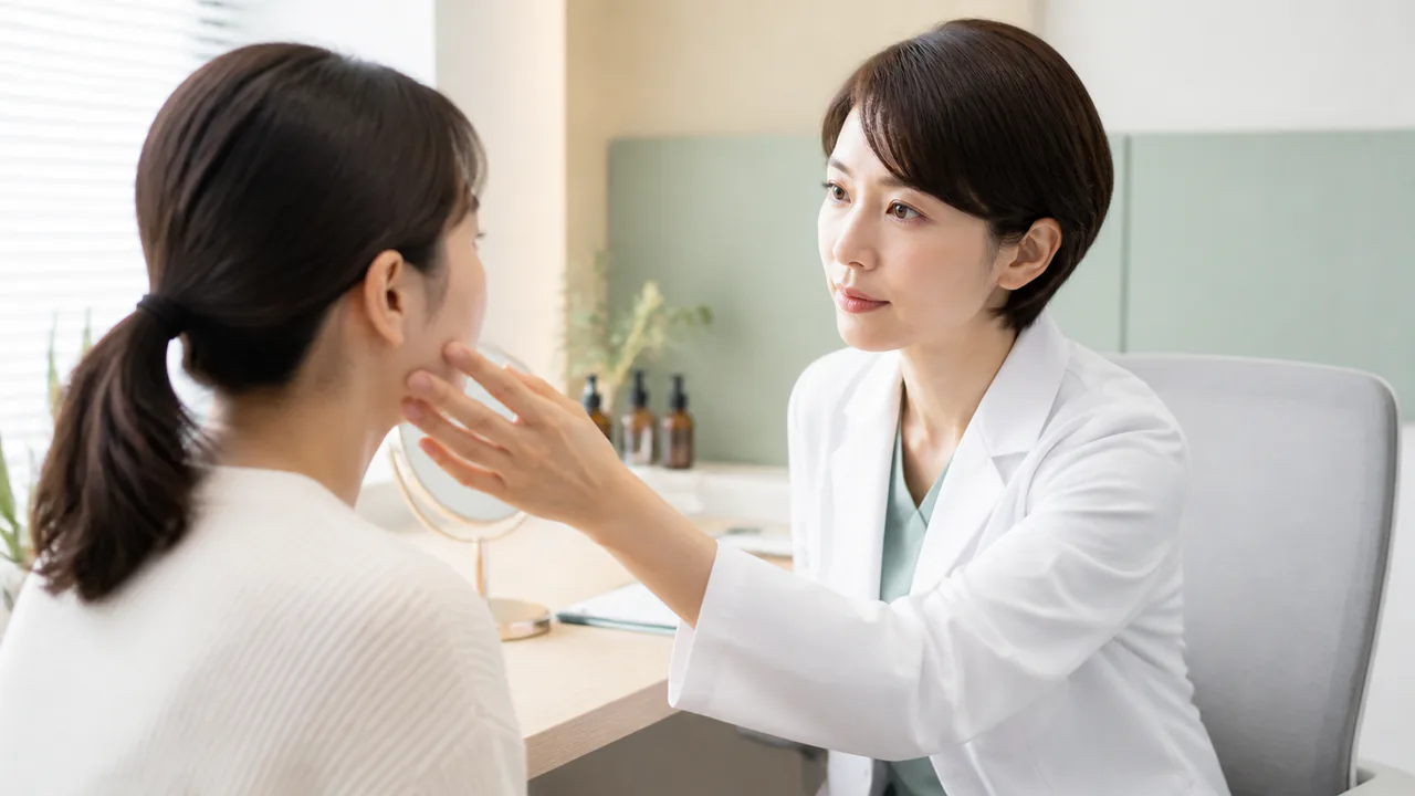 ニキビの症状が重い場合や治りにくい場合に皮膚科専門医が診察する様子