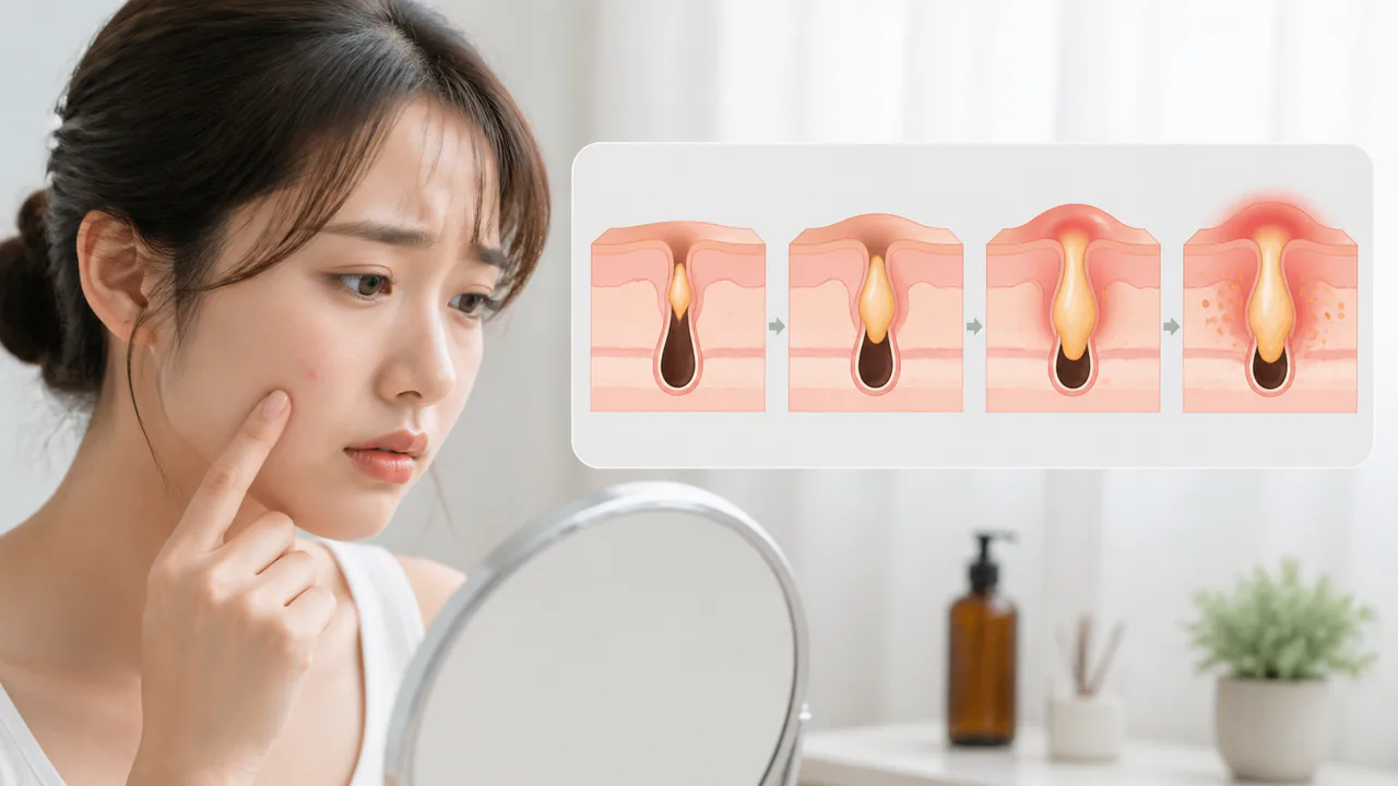 毛穴に詰まった皮脂と角栓が炎症を起こしニキビになる過程