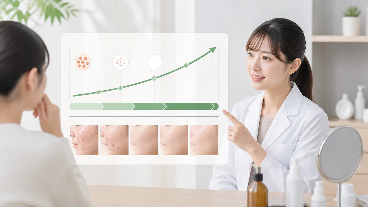 ニキビ治療薬の効果実感までの期間と継続的な治療の重要性を示すグラフ