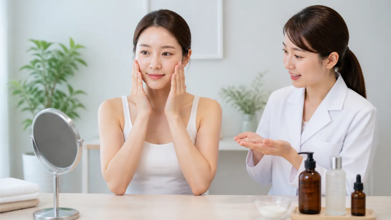 ニキビ肌の正しい保湿ケア手順、化粧水と乳液の使用方法を解説する様子
