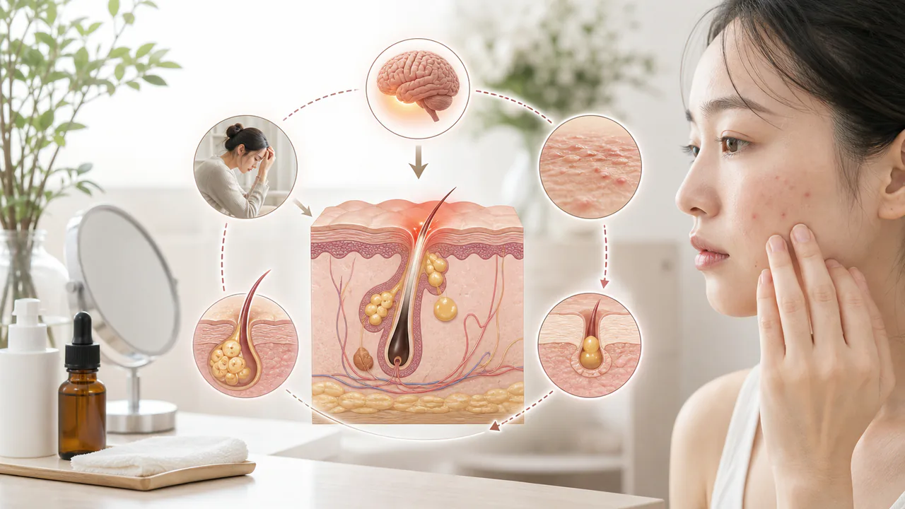 大人ニキビの発生メカニズムとストレスが肌に与える影響を解説する図