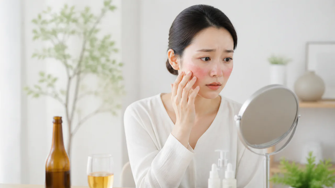 アルコール摂取が肌にもたらす影響、顔の赤みや乾燥を引き起こす様子
