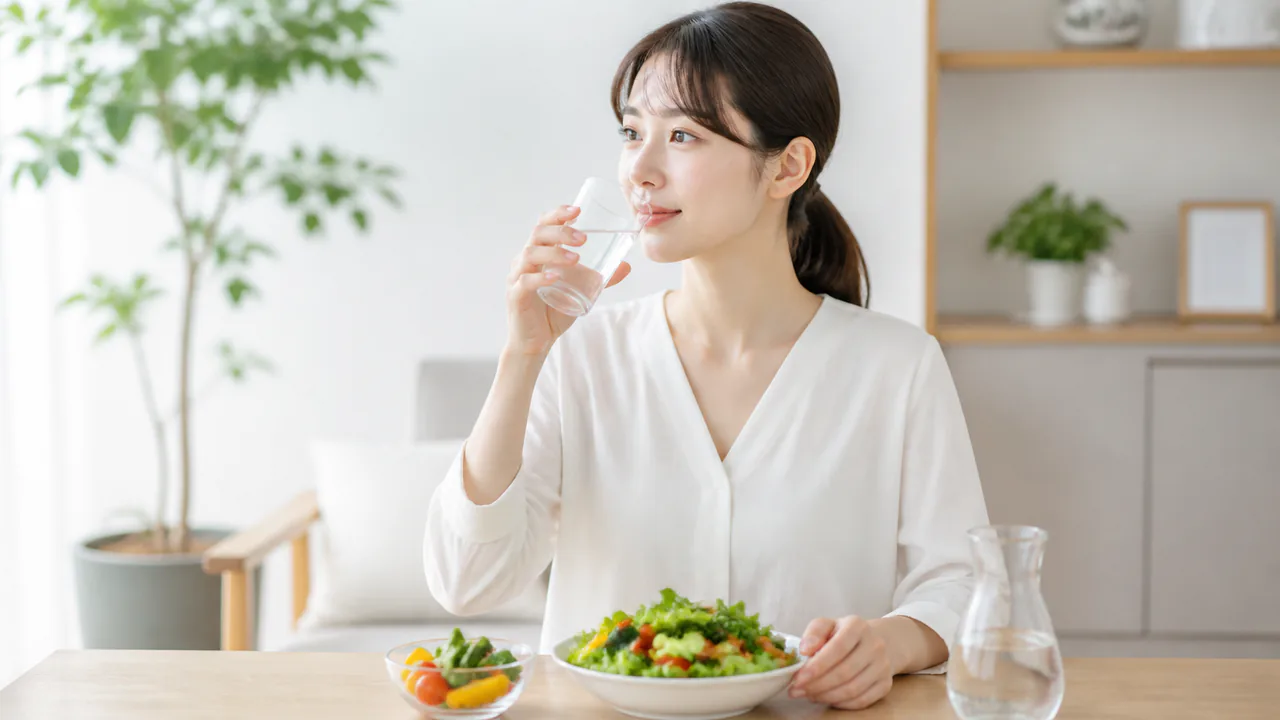 飲酒による肌トラブルを軽減するための対策、水と野菜を摂取する様子