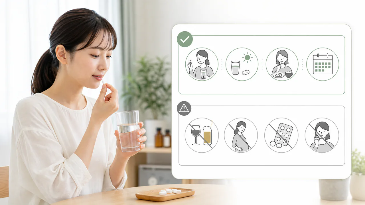 アメナリーフの正しい服用方法を示すピクトグラムと注意すべき点の一覧。