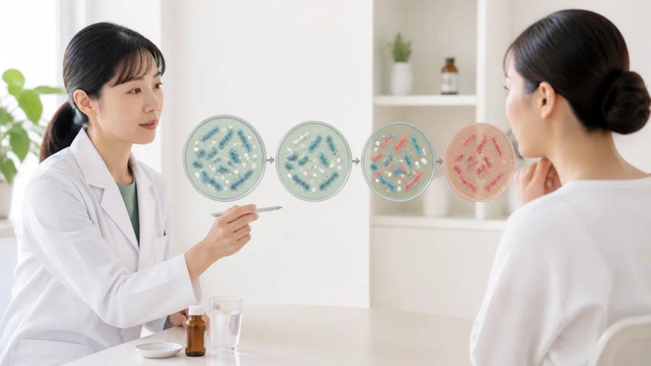 抗菌薬に反応しにくい細菌が残り増える過程を示す教育用イメージ