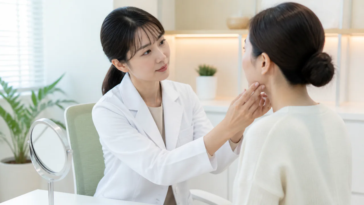 皮膚の異常を自己判断せず、専門医が診断する重要性を強調する様子