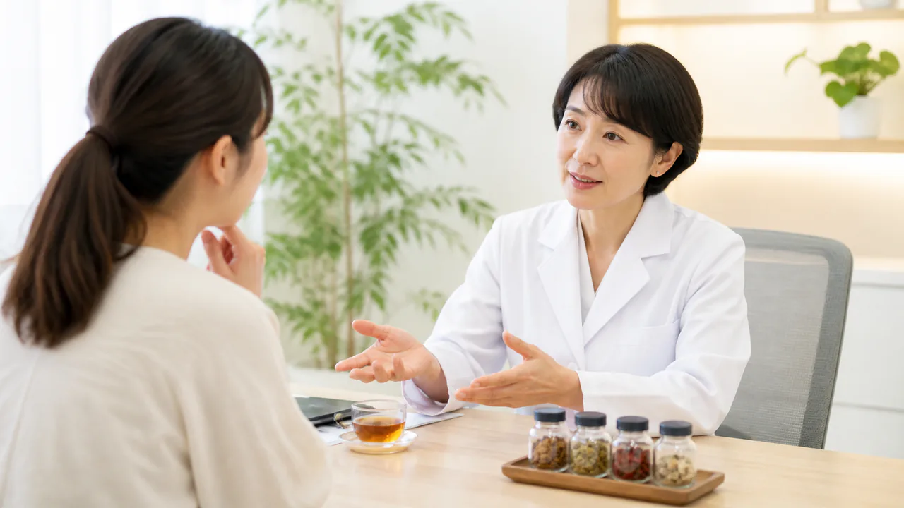 医師が患者からの柴胡清肝湯に関する質問に丁寧に答えている様子。アトピー治療の疑問を解消。