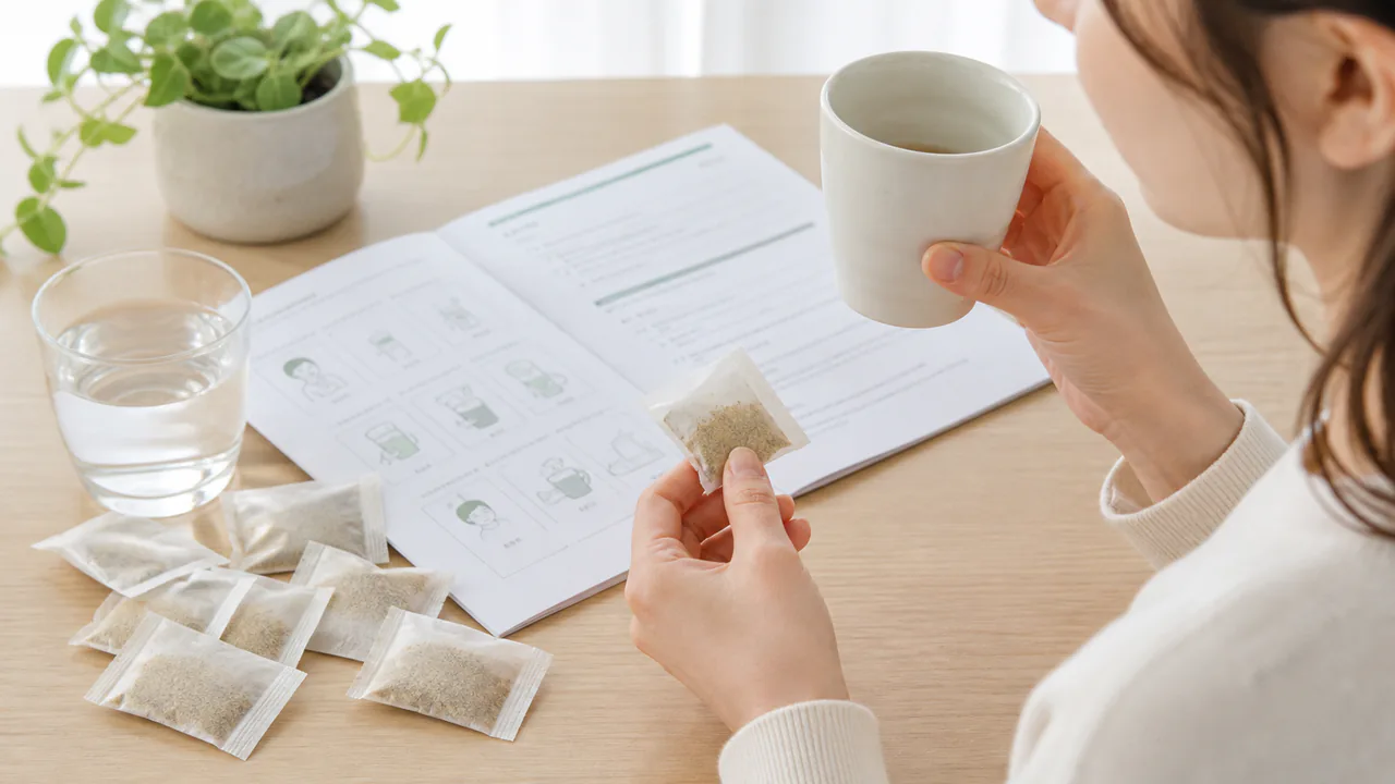 柴胡清肝湯の粉末が薬包に分包され、服用方法が書かれた説明書と共に置かれている。正しい用量で服用。