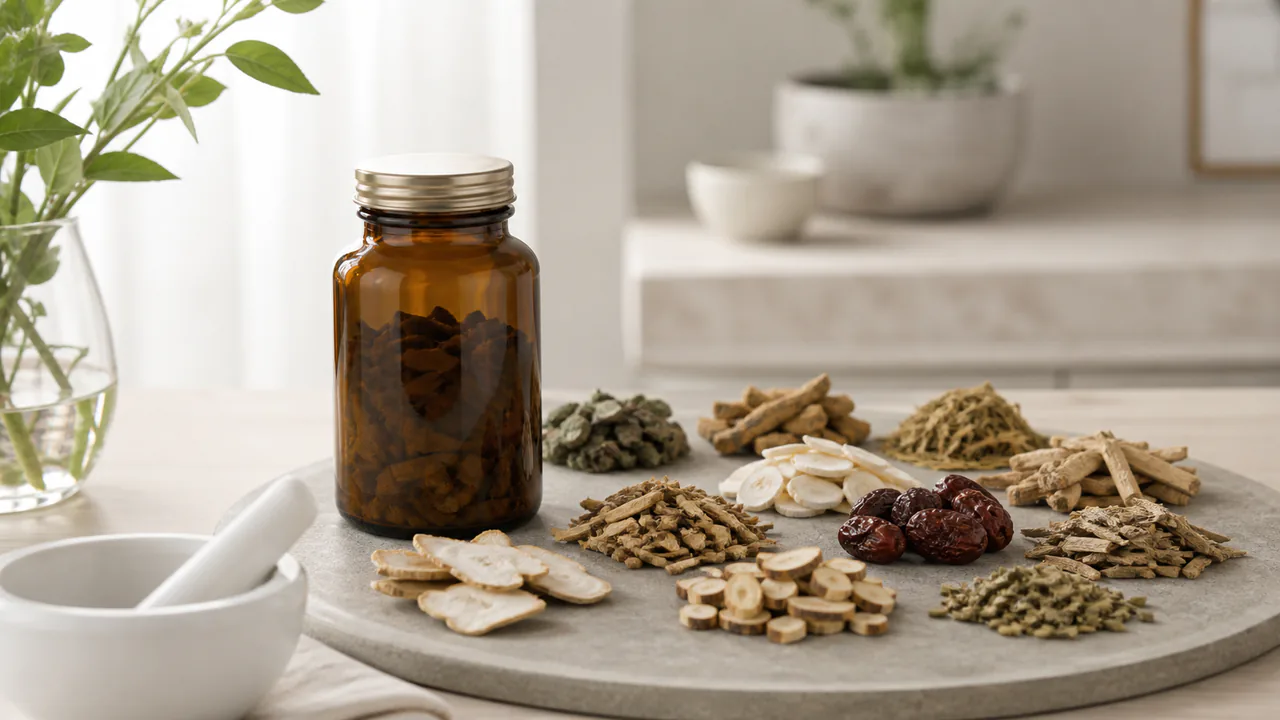柴胡清肝湯の瓶と漢方薬の原料である生薬が並べられた様子。アトピー性皮膚炎の治療に用いられる漢方。