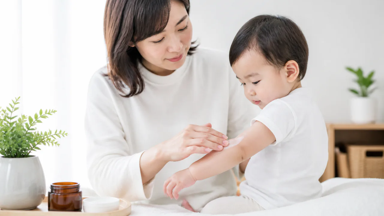 アトピー肌の乾燥を防ぐヒルドイドやワセリンなどの保湿剤を塗る様子