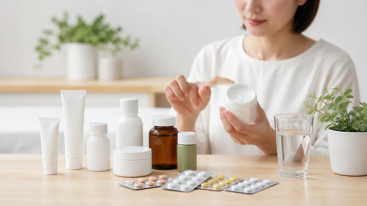 アトピー性皮膚炎治療に用いられる外用薬と内服薬、複数の薬剤が並ぶ
