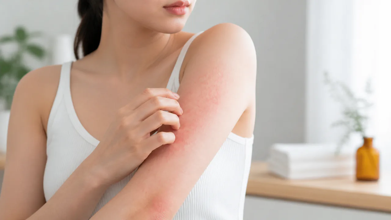 アトピー性皮膚炎の皮膚症状、赤みと湿疹が広がる状態を示す臨床所見