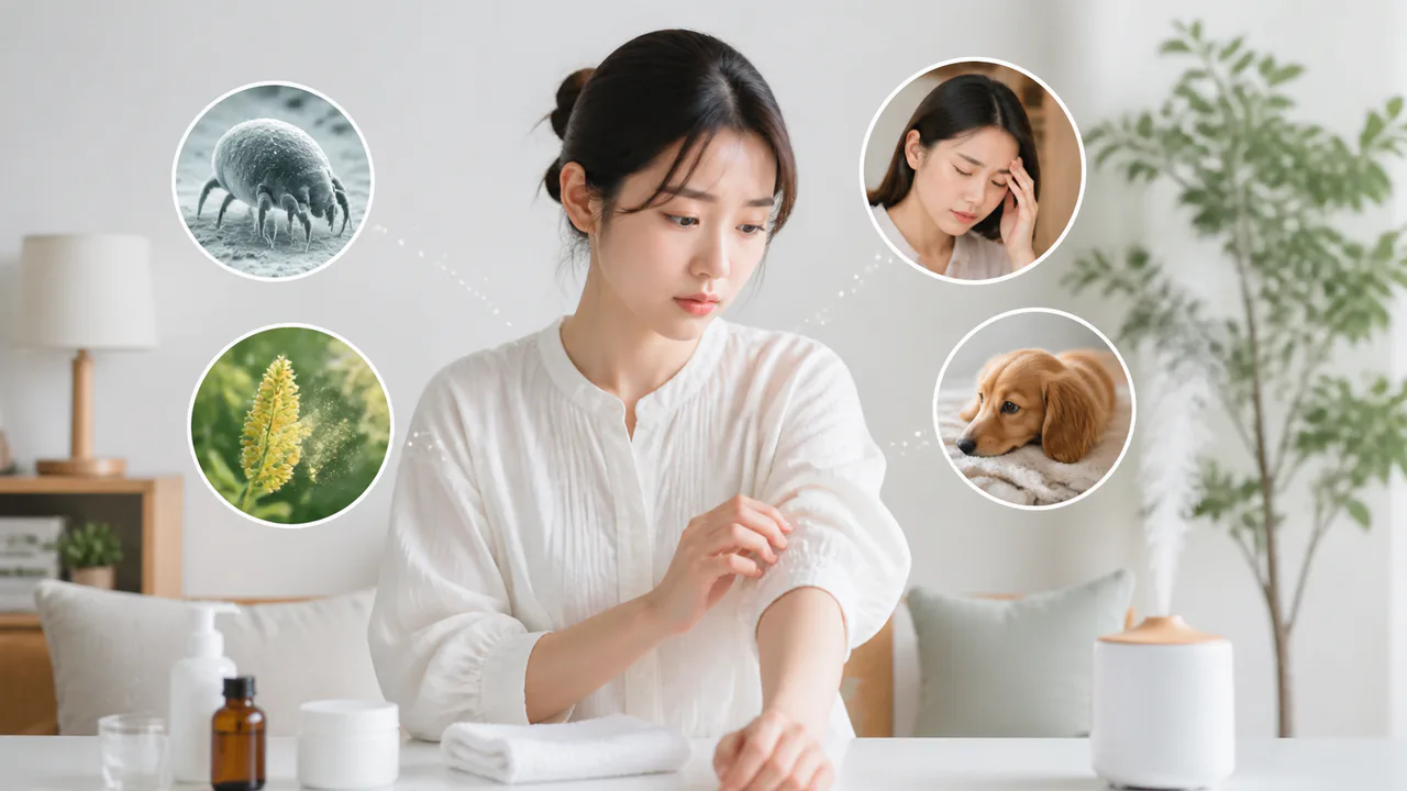 アトピー性皮膚炎の悪化因子、ダニや花粉、ストレスなどのイラスト