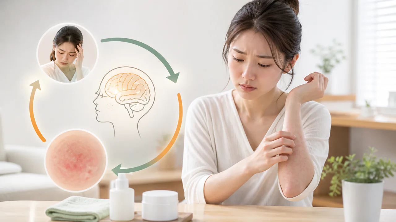 アトピー性皮膚炎の症状が悪化するストレスと皮膚の相互作用を示す概念図