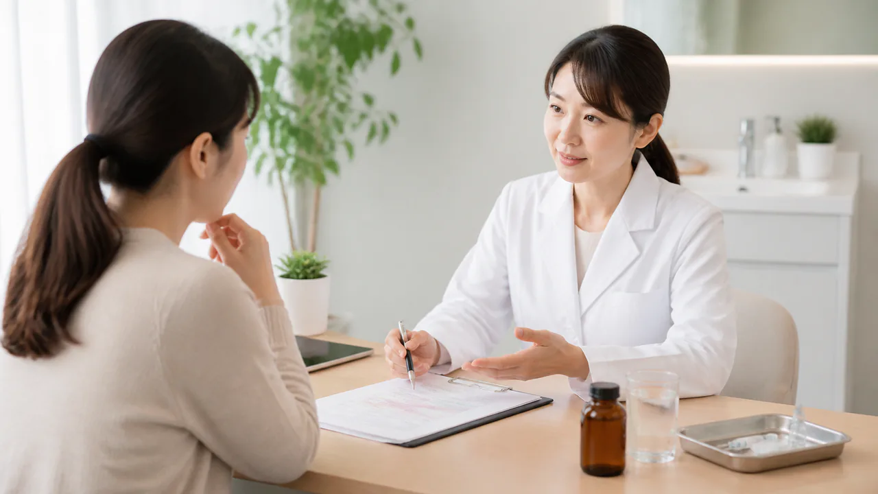 アトピーの内服薬や注射治療の選択肢を検討する患者と医師の相談風景