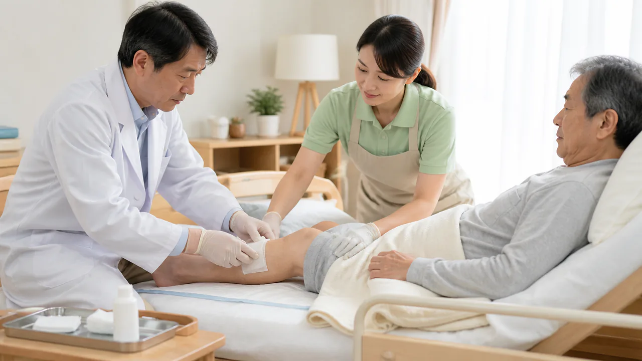 皮膚科医と在宅介護者が連携して行う床ずれ治療の様子
