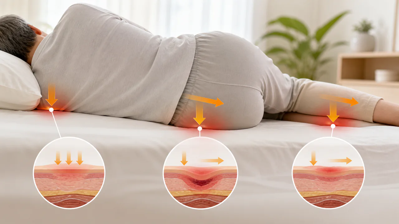 皮膚に圧迫と摩擦が加わり床ずれが発生するメカニズム