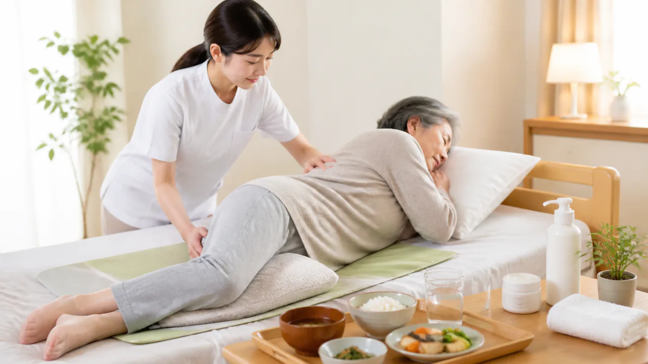 床ずれ予防のための体位変換、皮膚の保湿、栄養バランスの取れた食事管理の重要性