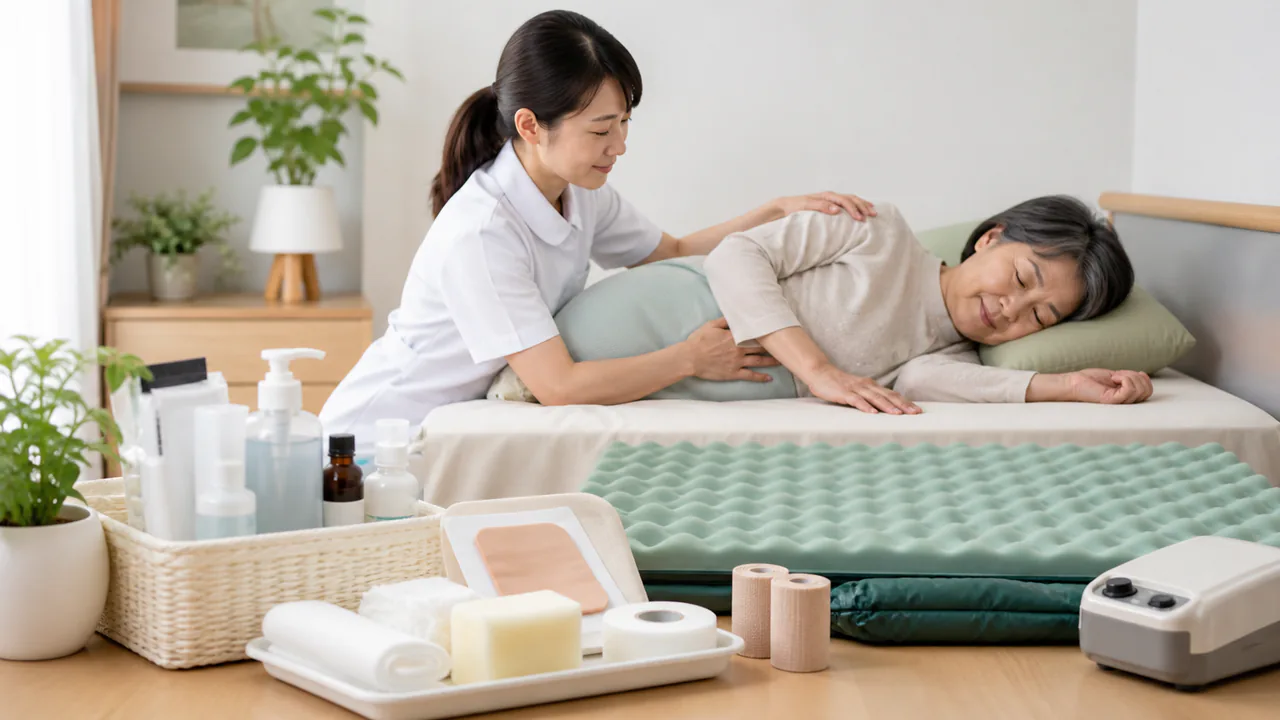 床ずれの治療とケアの全体像を示す複数の医療器具と患者への配慮