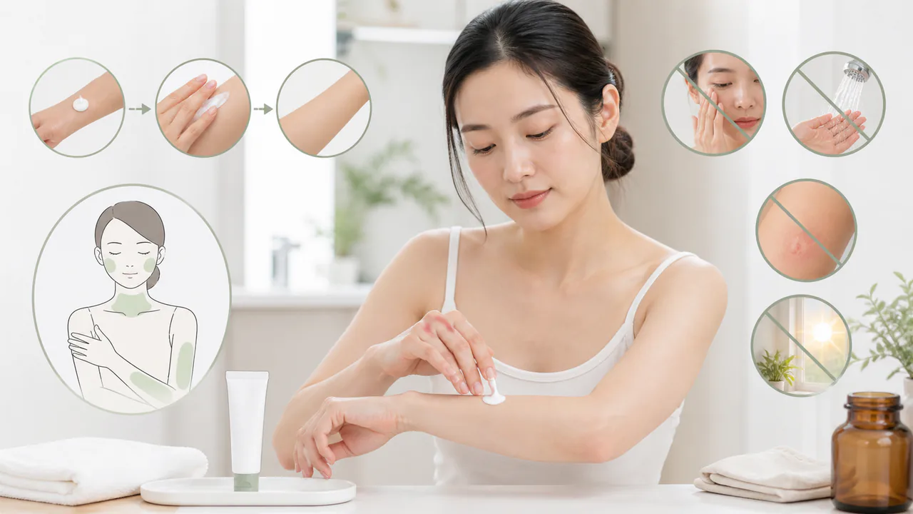 ベセルナクリームを塗布する際の正しい手順と、使用上の注意点を示す図解