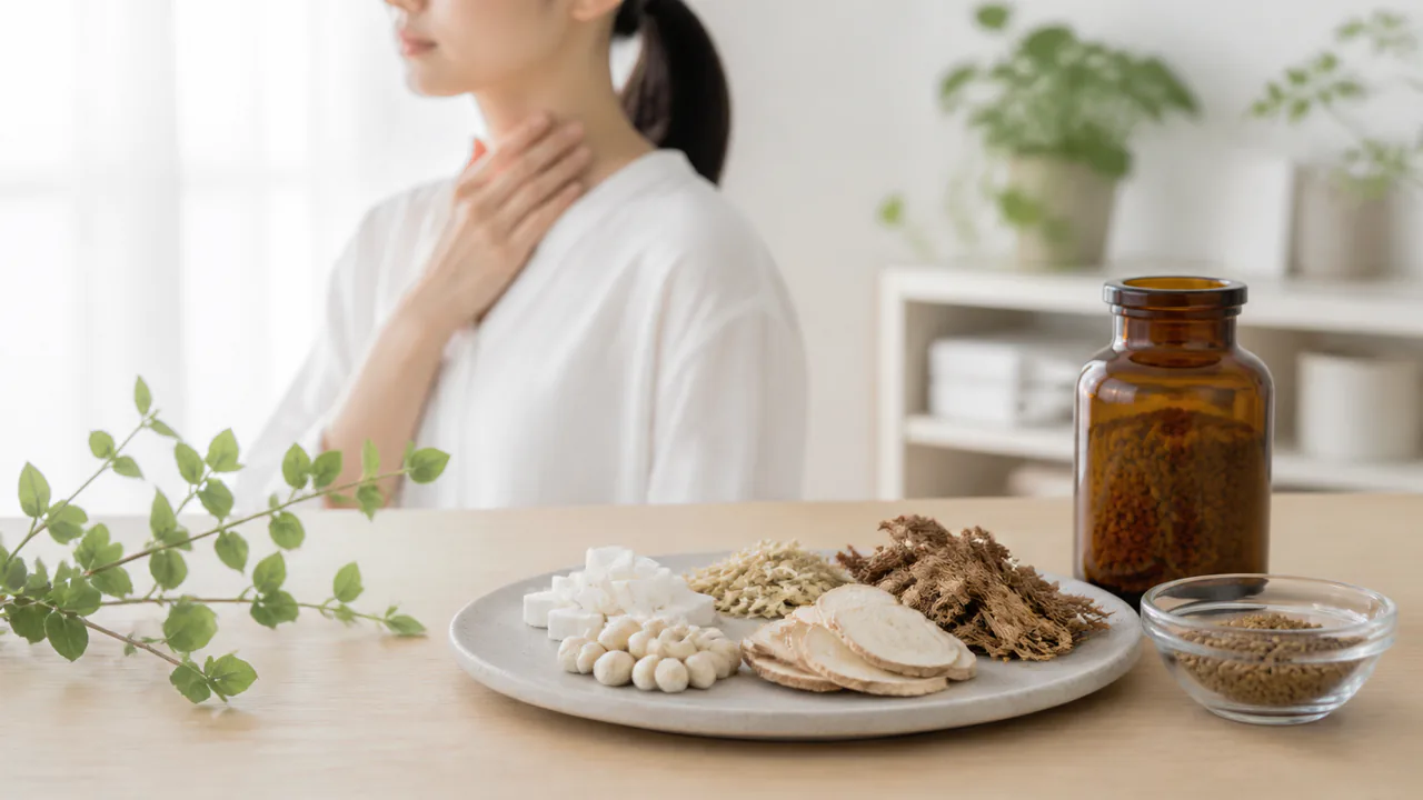 茯苓飲合半夏厚朴湯の効能を説明する漢方薬の瓶と生薬の組み合わせ