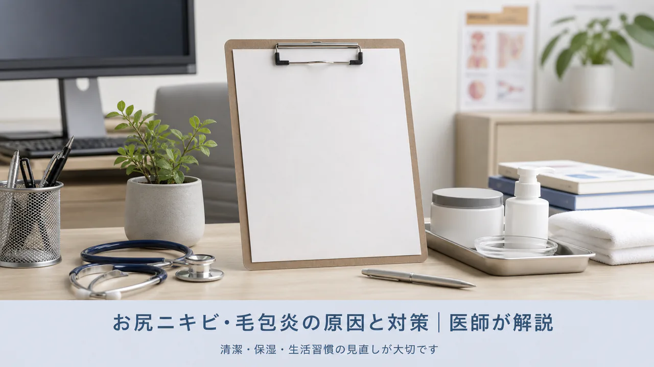 お尻にできた赤く炎症したニキビと毛包炎の肌症状を拡大して示す