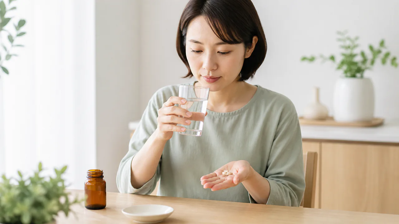 白虎加人参湯の正しい服用方法と注意点を示す錠剤と水