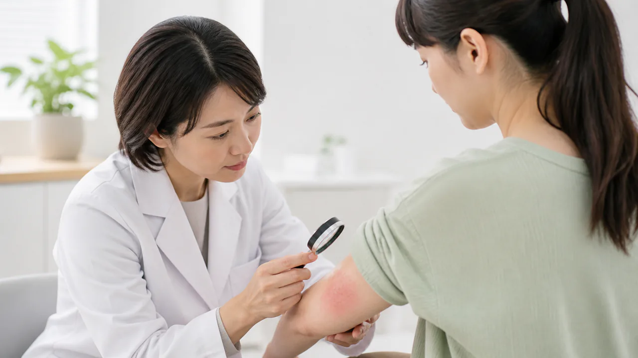 皮膚科医がカンジダ症の皮膚症状を診察。診断のための視診。