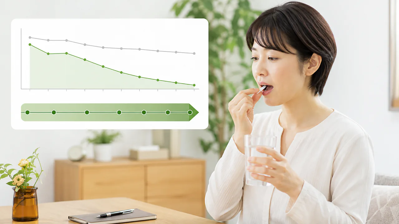 シダキュア服用による花粉症症状の改善度を示すグラフと治療期間