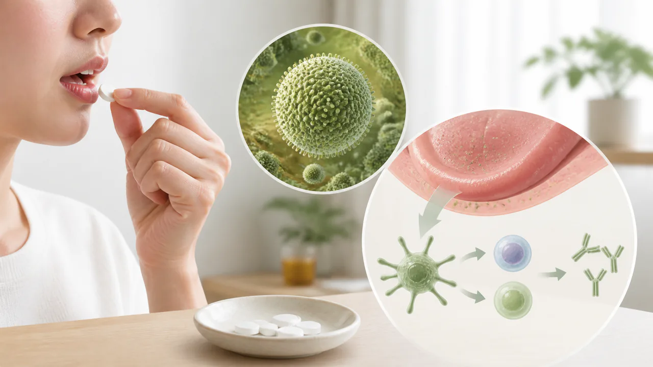 シダキュアの錠剤とスギ花粉の顕微鏡拡大像、舌下免疫療法の仕組み