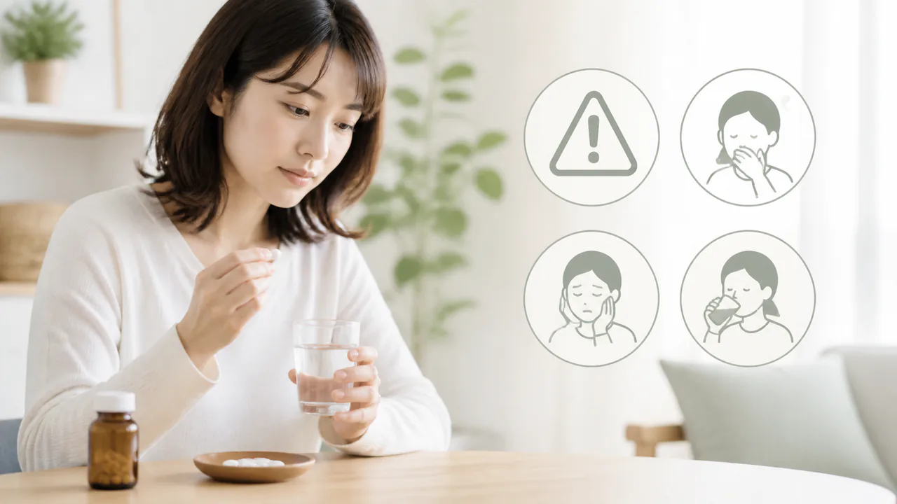 セレスタミン配合錠使用時の注意点と、眠気や口渇などの副作用を示すピクトグラム