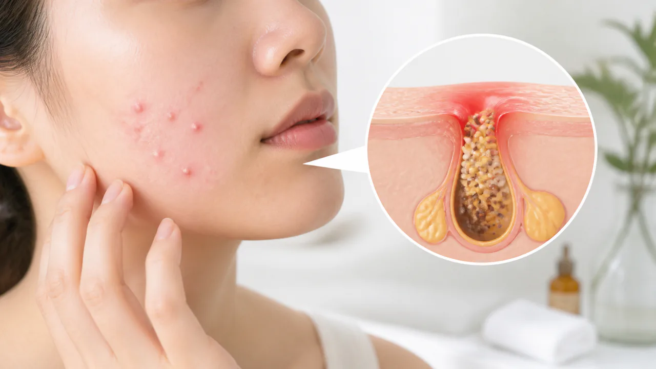 赤く炎症を起こした頬のニキビ、皮脂腺の詰まりとアクネ菌の増殖
