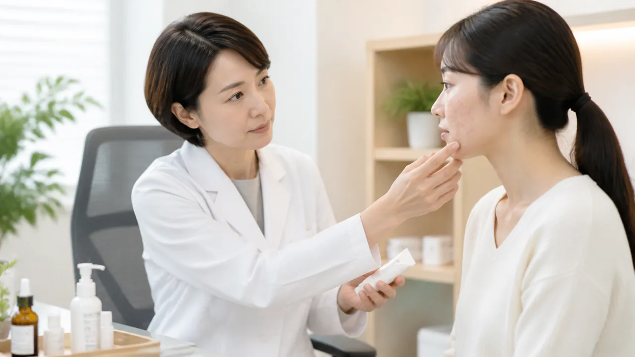 皮膚科医が患者の頬ニキビの状態を診察し、治療薬を処方する様子