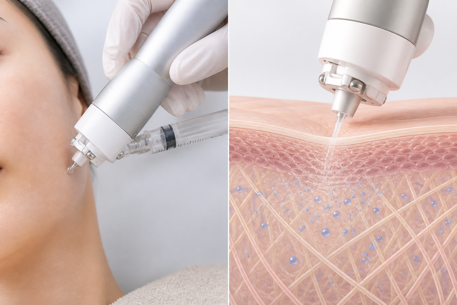 キュアジェット施術と皮膚内への薬剤拡散を示す生成イメージ（実在患者の症例写真ではありません）