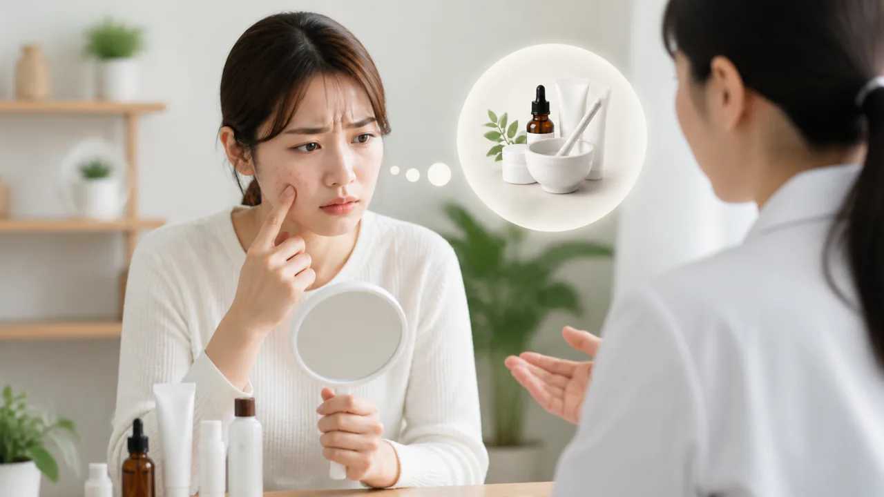 画一的なニキビ治療薬で効果が出ず困惑する女性の表情、オーダーメイド処方の必要性