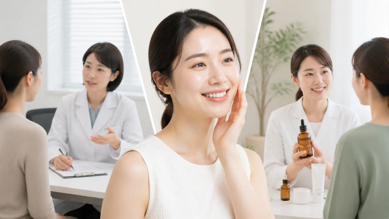 オーダーメイド処方で肌の悩みが解決し、笑顔で喜ぶ女性、一般的な皮膚科との比較