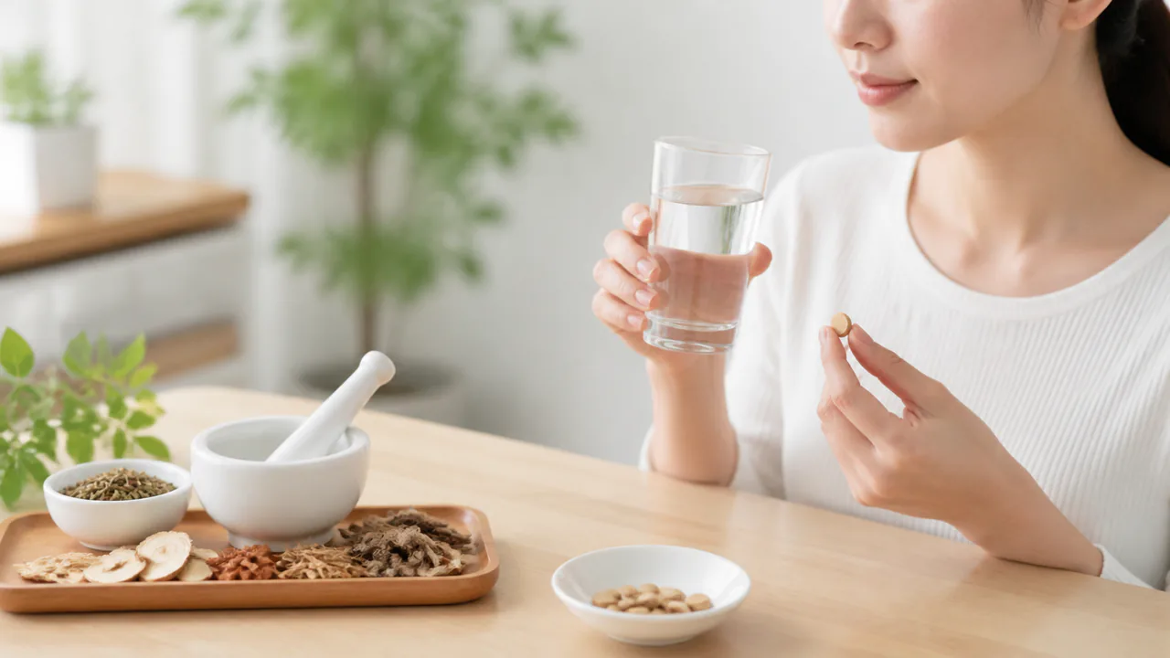 大防風湯の服用方法を示す漢方薬の錠剤と水。正しい服用量と注意点。