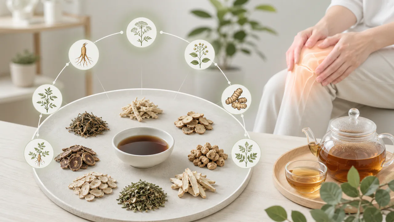 大防風湯の効能を解説する生薬の配合図。関節痛や神経痛の緩和作用。