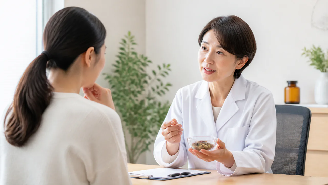 大黄甘草湯について医師が患者の質問に答える様子。漢方薬の相談。