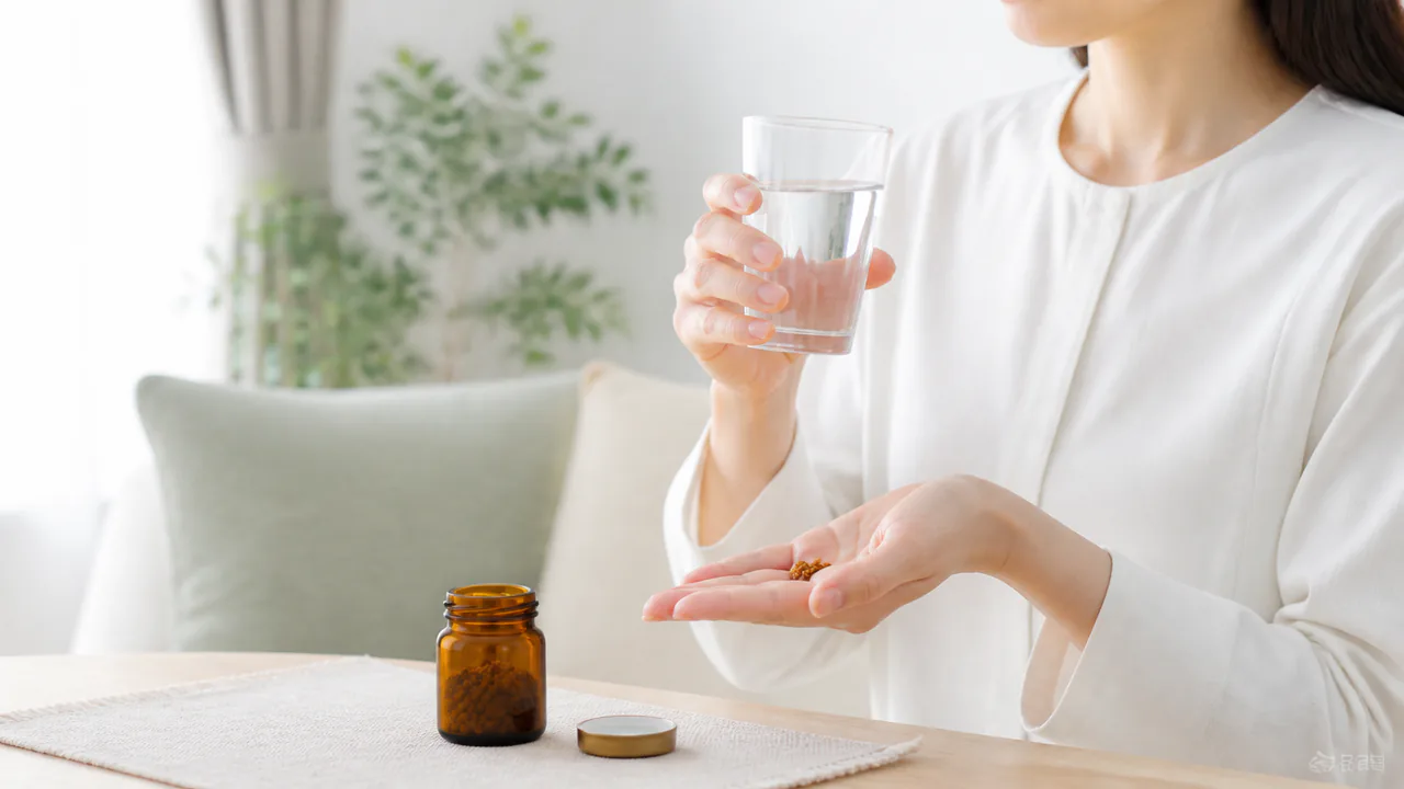 大黄甘草湯の薬を水で服用する患者の手元。正しい漢方薬の飲み方。