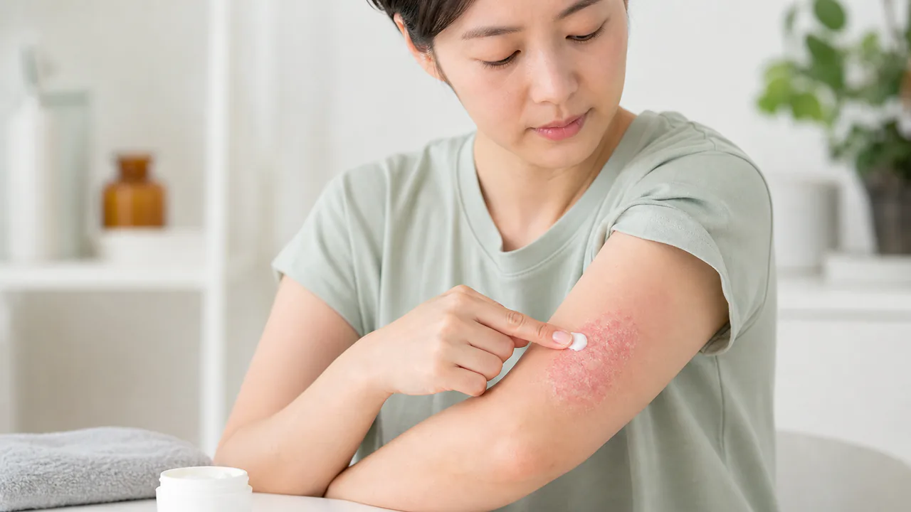 ドボベット軟膏を指先に出し、尋常性乾癬の患部に塗布する皮膚科治療の様子