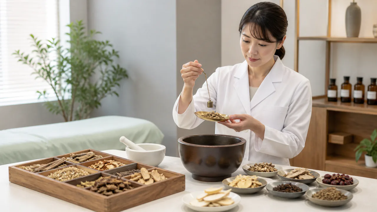 十味敗毒湯の生薬が並べられ、皮膚科領域の漢方薬として調合される様子